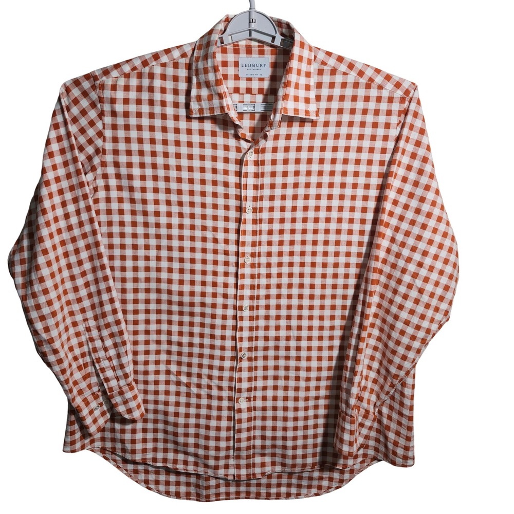 Ledbury Shirtmakers Orange Gingham Linen Blend Classic‎ Fit Shirt 18 1W21D3